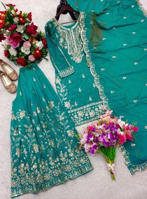 Pure Satin Silk Embroidered Sharara Suit Set