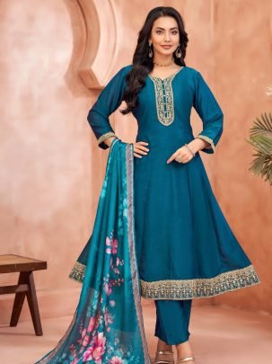Heavy Embroidered Vichitra Silk Anarkali Suit Set
