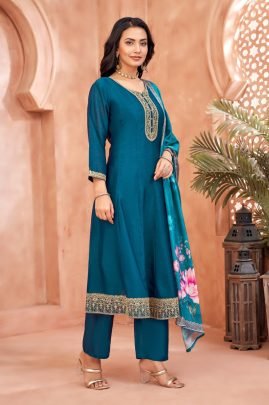 Heavy Embroidered Vichitra Silk Anarkali Suit Set