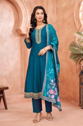 Heavy Embroidered Vichitra Silk Anarkali Suit Set