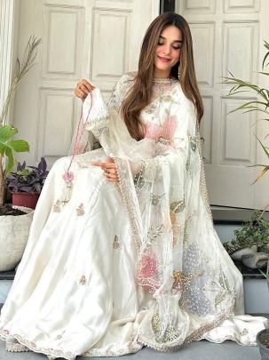 Ramzan Wear Embroidered Work Off White Colour Suit