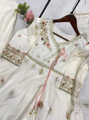 Ramzan Wear Embroidered Work Off White Colour Suit
