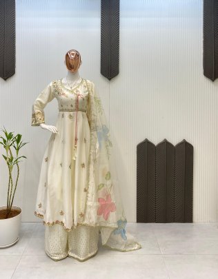 Ramzan Wear Embroidered Work Off White Colour Suit