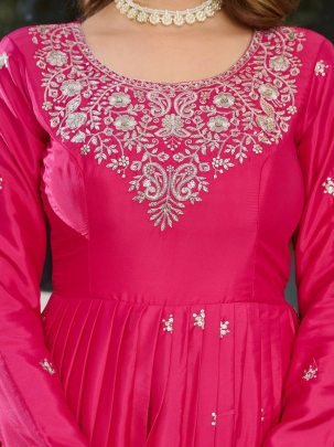 Rani Pink Festive Wear Gown With Tread Work And Sequence Work