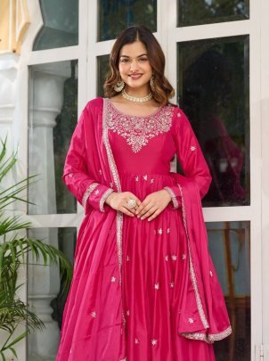 Rani Pink Festive Wear Gown With Tread Work And Sequence Work