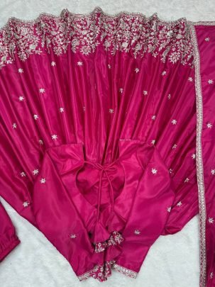 Rani Pink Festive Wear Gown With Tread Work And Sequence Work