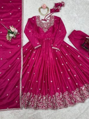 Rani Pink Festive Wear Gown With Tread Work And Sequence Work