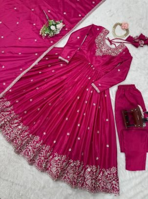 Rani Pink Festive Wear Gown With Tread Work And Sequence Work