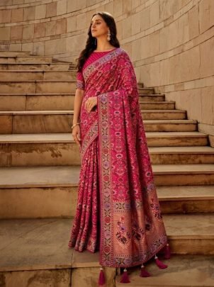 Rani Pink Kasturi Bandhej Soft Khadi Georgette Weaving Saree