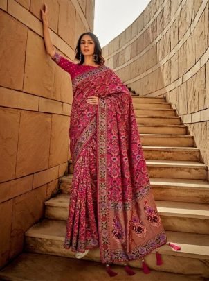 Rani Pink Kasturi Bandhej Soft Khadi Georgette Weaving Saree