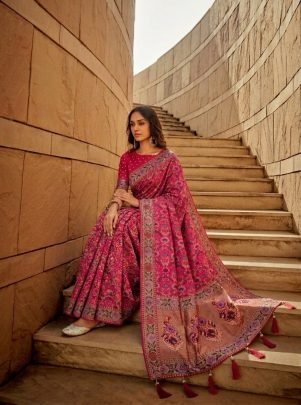Rani Pink Kasturi Bandhej Soft Khadi Georgette Weaving Saree