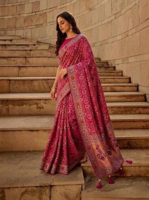 Rani Pink Kasturi Bandhej Soft Khadi Georgette Weaving Saree