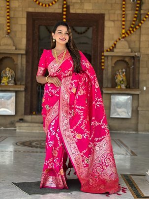 Rani Pink Paithani Silk Saree With Matching Flower Design Pallu
