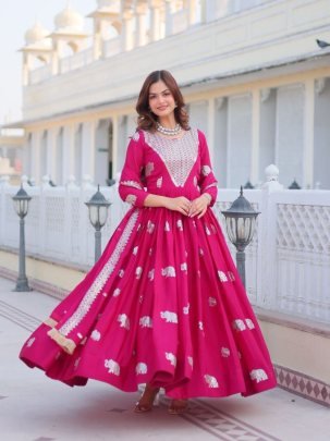 Wedding Wear Rani Pink Faux Georgette Gown
