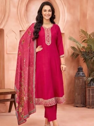 Rani Pink Vichitra Silk Anarkali Suit Set