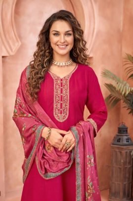 Rani Pink Vichitra Silk Anarkali Suit Set