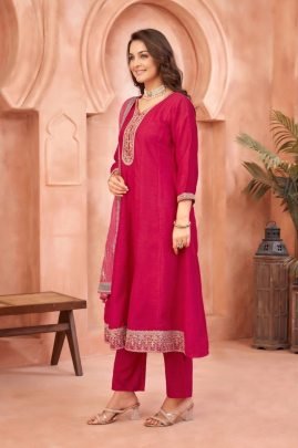 Rani Pink Vichitra Silk Anarkali Suit Set