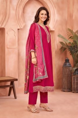 Rani Pink Vichitra Silk Anarkali Suit Set