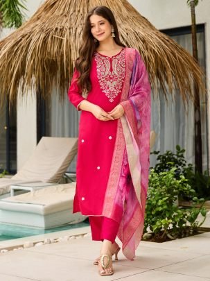 Rani Pink Viscose Kurta With Jacquard Dupatta