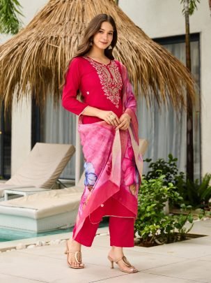 Rani Pink Viscose Kurta With Jacquard Dupatta