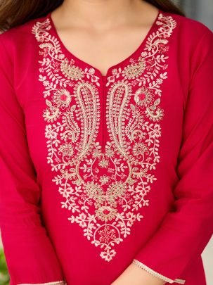 Rani Pink Viscose Kurta With Jacquard Dupatta