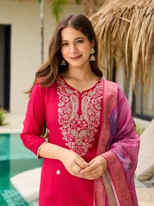 Rani Pink Viscose Kurta With Jacquard Dupatta