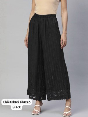 Rayon Fabric Chikankari Work Black Colour Palazzo
