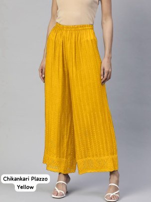 Rayon Fabric Chikankari Work Yellow Colour Palazzo