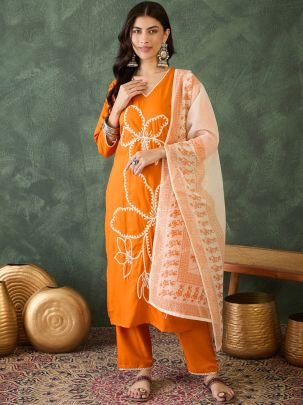 Rayon Fabric Orange Colour Ready Made Suit