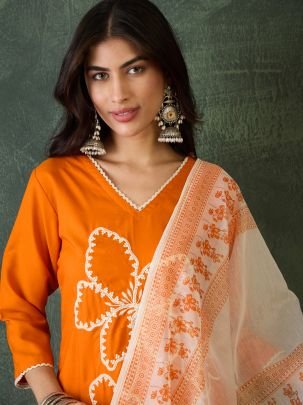 Rayon Fabric Orange Colour Ready Made Suit