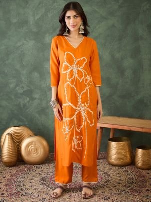 Rayon Fabric Orange Colour Ready Made Suit