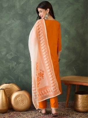 Rayon Fabric Orange Colour Ready Made Suit