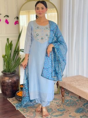 Rayon Fabric Sky Blue Colour Ready Made Suit