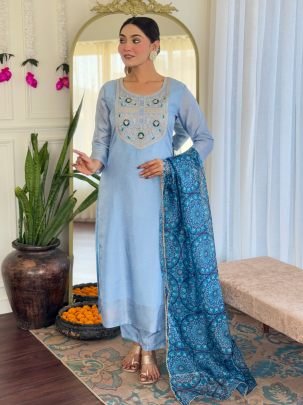 Rayon Fabric Sky Blue Colour Ready Made Suit