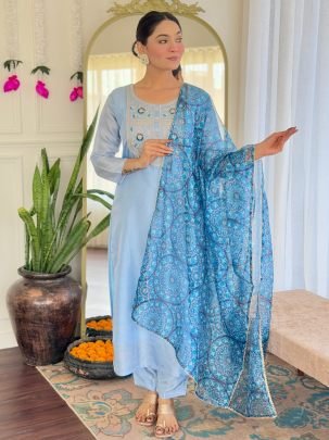 Rayon Fabric Sky Blue Colour Ready Made Suit