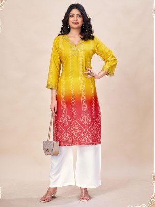 Rayon Yellow Bandhani Print Kurti Palazzo
