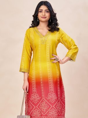 Rayon Yellow Bandhani Print Kurti Palazzo