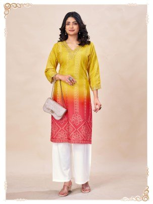 Rayon Yellow Bandhani Print Kurti Palazzo