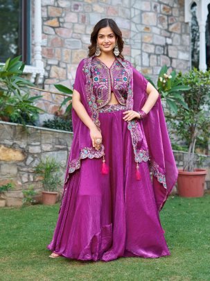 Real Diamond Pure Purple Fendy Silk  Wedding Lengha Choli