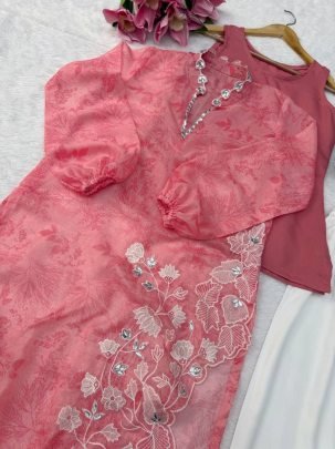 Real Mirror With Balloon Sleeve Pink Top With Pant