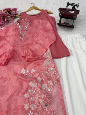 Real Mirror With Balloon Sleeve Pink Top With Pant