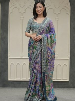 Real Mirror Work Chinnon Fabric Saree