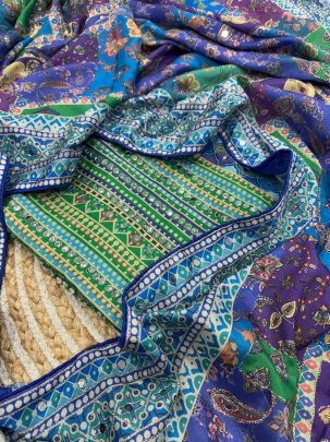 Real Mirror Work Chinnon Fabric Saree