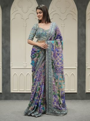 Real Mirror Work Chinnon Fabric Saree