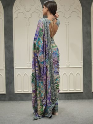 Real Mirror Work Chinnon Fabric Saree