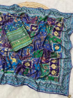 Real Mirror Work Chinnon Fabric Saree