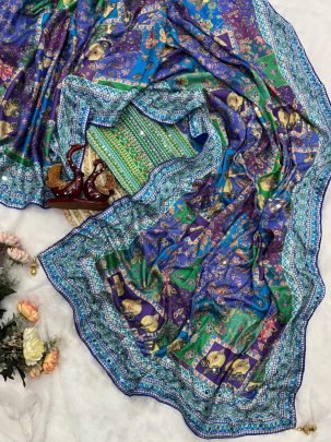 Real Mirror Work Chinnon Fabric Saree