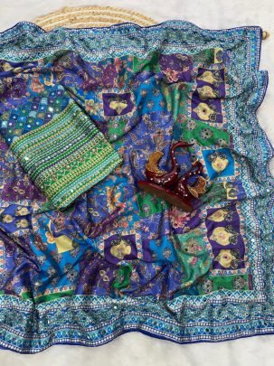 Real Mirror Work Chinnon Fabric Saree