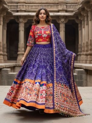 Real Mirror Work Purple Colour Navratri  Lehenga