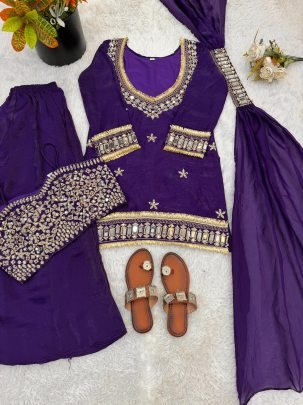 Real Mirror Work  Purple  Colour  Fabric  Palazzo Suit
